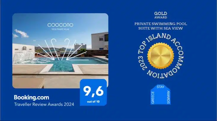 A photo that contains two awards: 1. A certificate of the Traveller Review Award 2024 from Booking.com with a score of 9.6 out of 10, awarded to Coocono Villas and 2. A gold metal award logo for the Private Swimming Suite with Sea View of Coocono Villas, in the Category "Top Island Accommodation 2023" awarded from Greece Stay Awards (see the link of proof at https://bnbnews.gr/bnb-faces/15904/greece-stay-awards-elladas/)