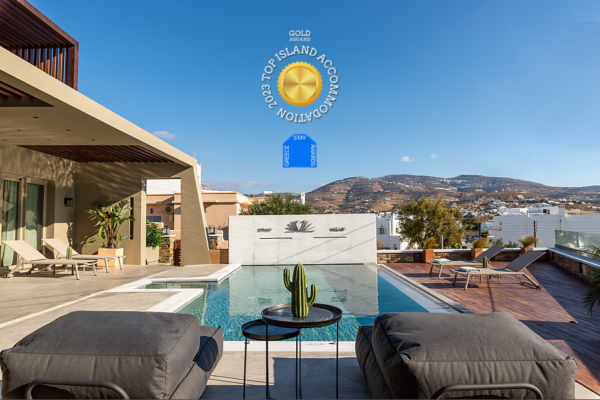 Private Swimming Pool Suite with Sea View to Mykonos. Has won Gold Award in the "Top Island Accommodation" Category in Greece Stay Awards.